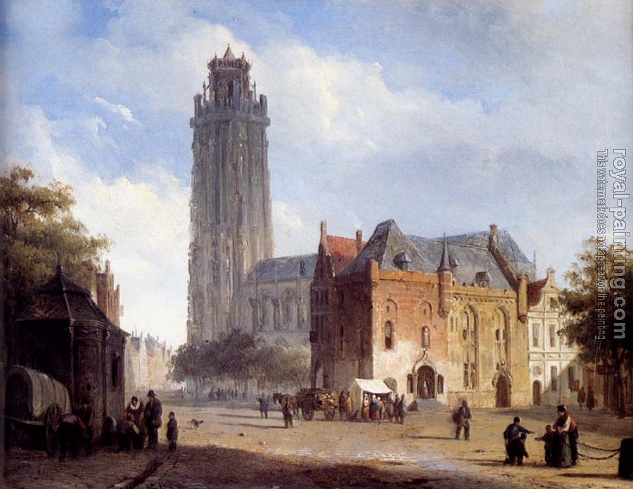 Cornelis Springer : A Cathedral On A Townsquare In Summer